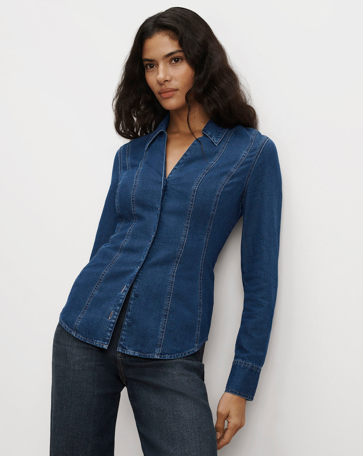 Veronica Beard Blue denim button-down shirt with contrast stitching.