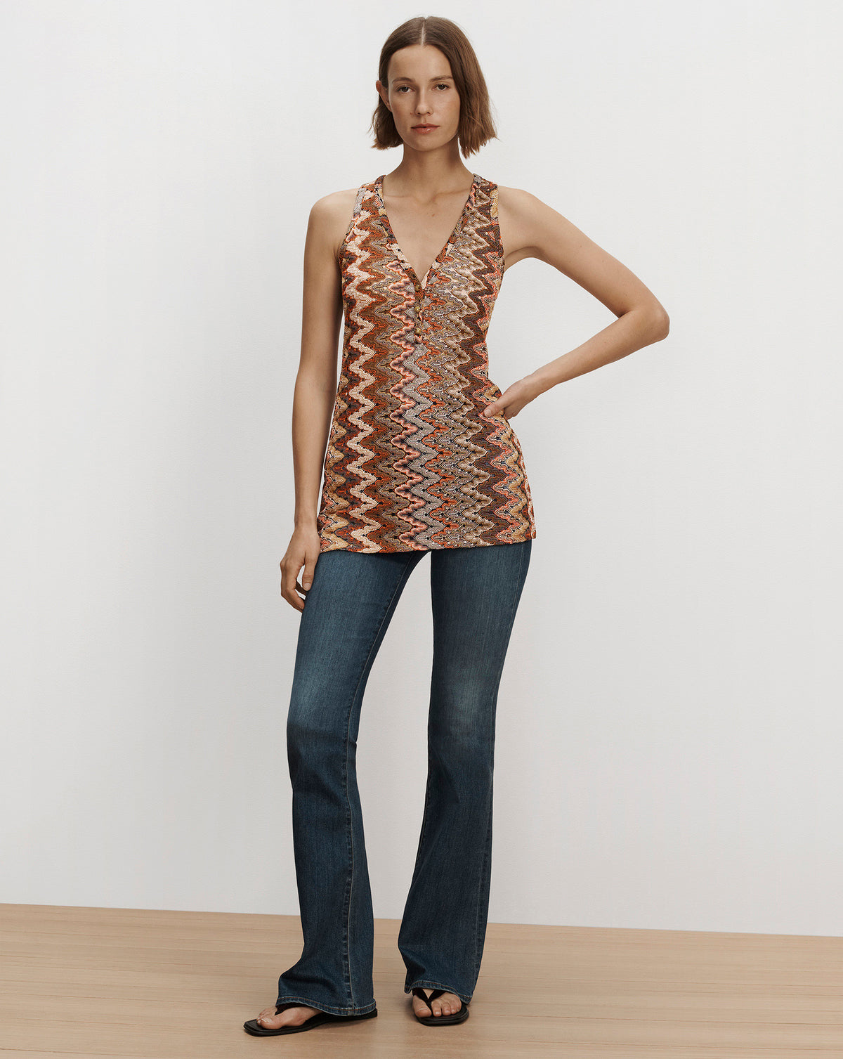 Veronica Beard Multicolored chevron pattern sleeveless V-neck top.
