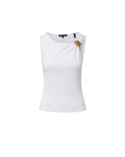 Veronica Beard White ribbed tank top with gold shoulder detail.