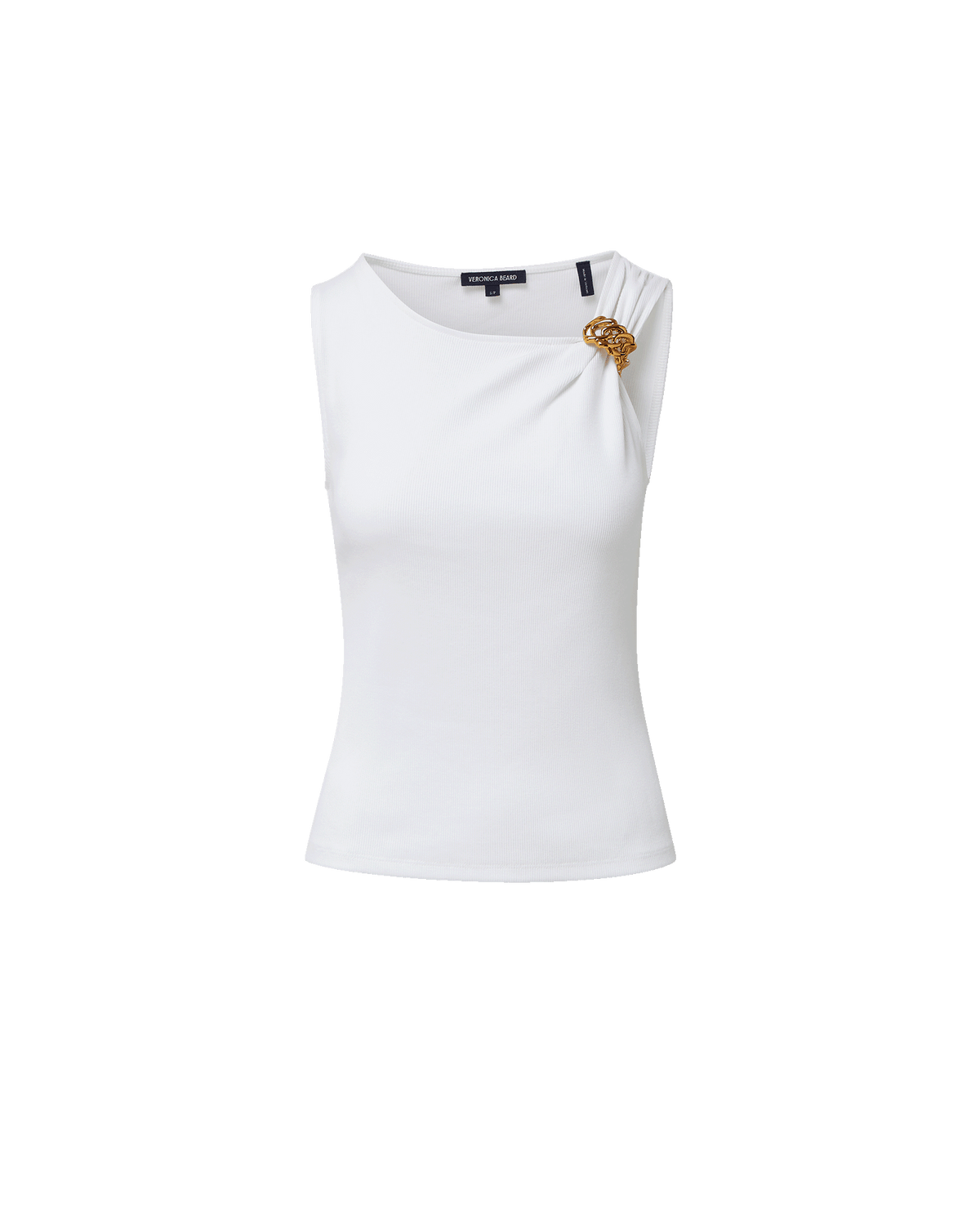 Veronica Beard White ribbed tank top with gold shoulder detail.