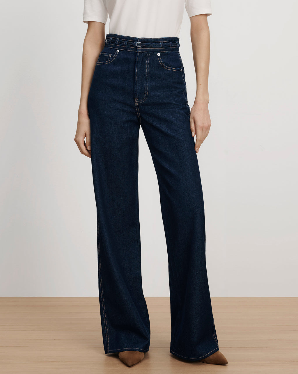 Veronica Beard Dark blue high-waisted wide-leg denim jeans.