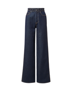Veronica Beard Dark blue wide-leg denim jeans with pleated waist.