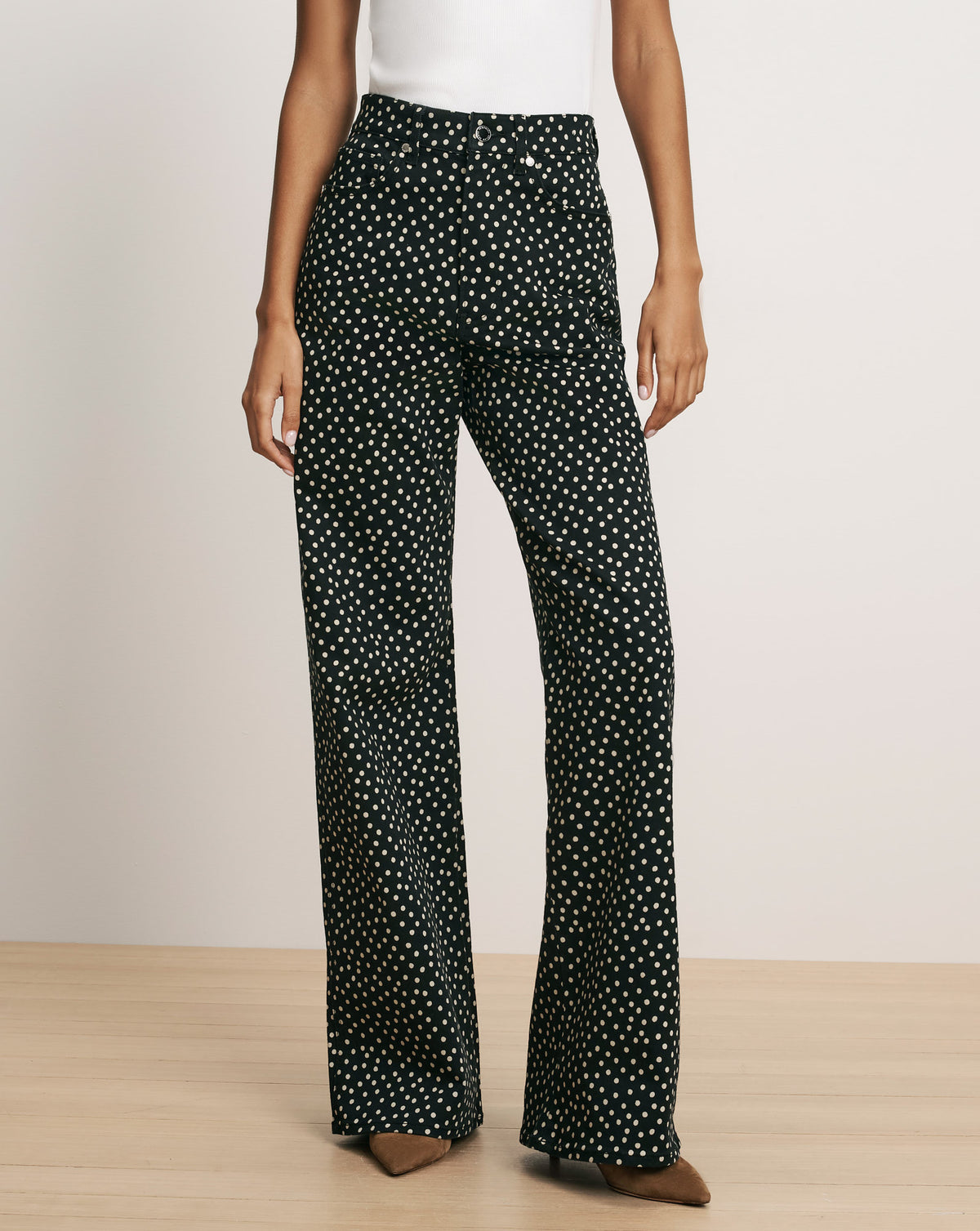 Veronica Beard Black polka-dot wide-leg denim pants.