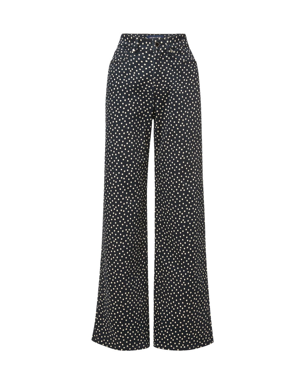 Veronica Beard Black polka-dot wide-leg denim pants.