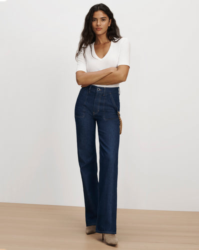 Veronica Beard Dark blue denim wide-leg jeans with pockets.