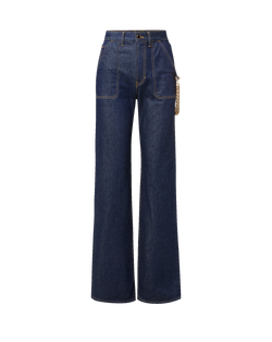 Veronica Beard Dark blue denim wide-leg jeans with chain detail.