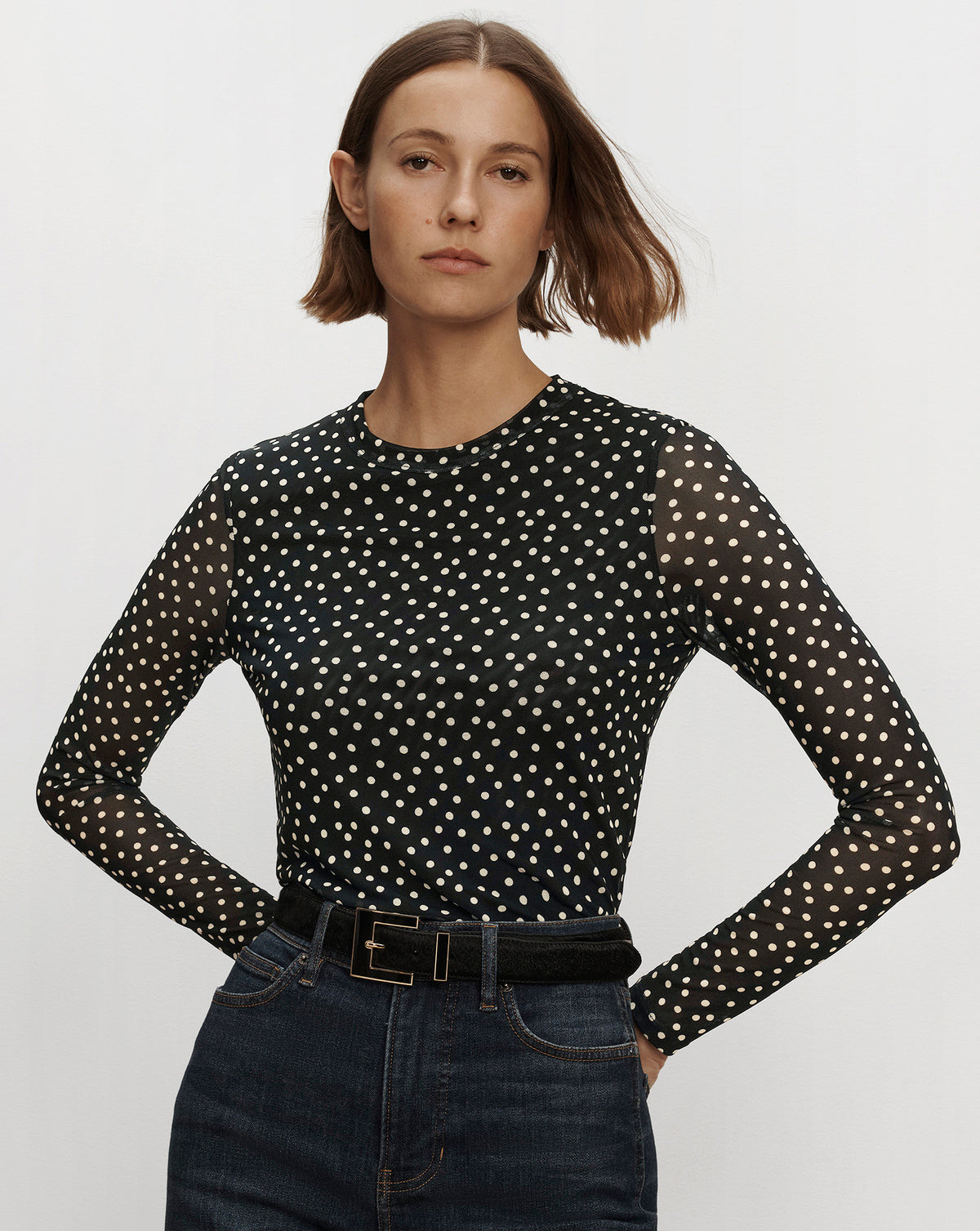 Veronica Beard Black polka dot sheer long sleeve top.