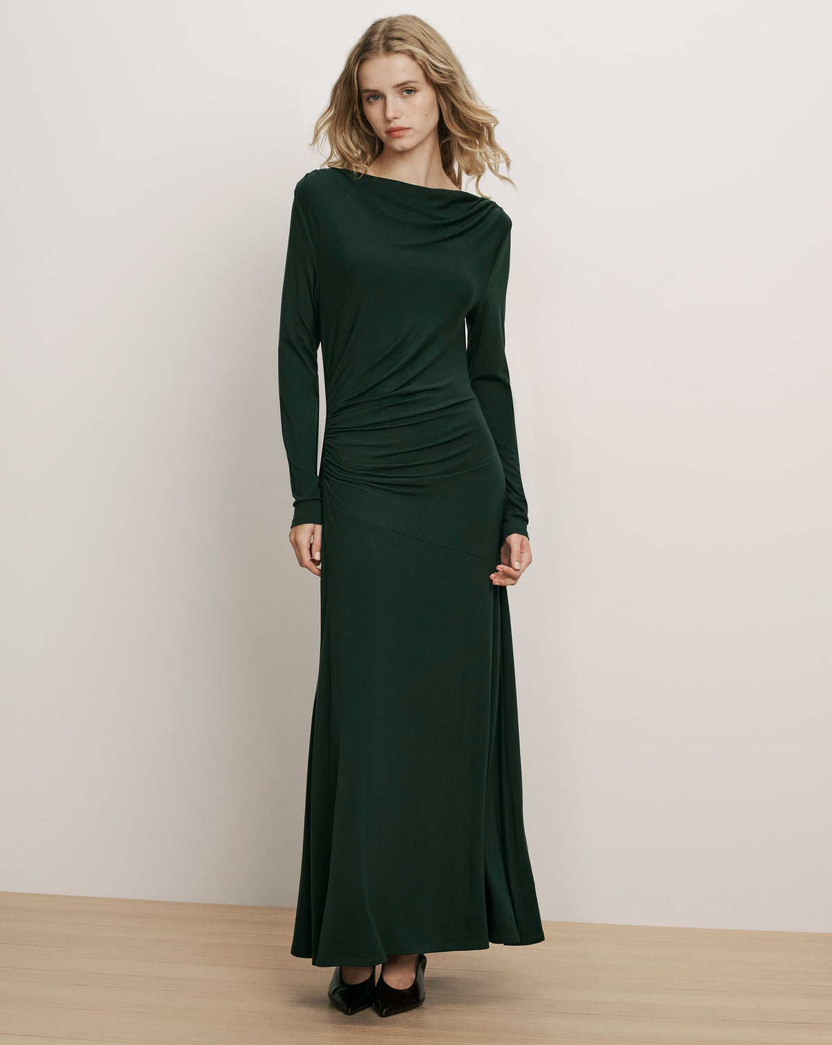 Veronica Beard Dark green long-sleeve draped maxi dress.