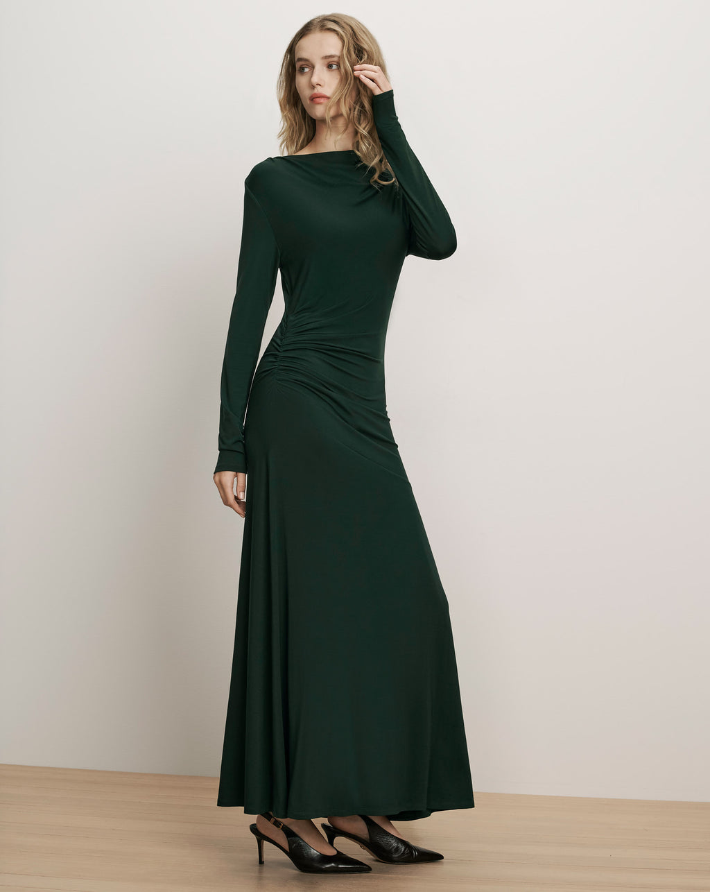 Veronica Beard Dark green long-sleeve maxi dress, ruched details.