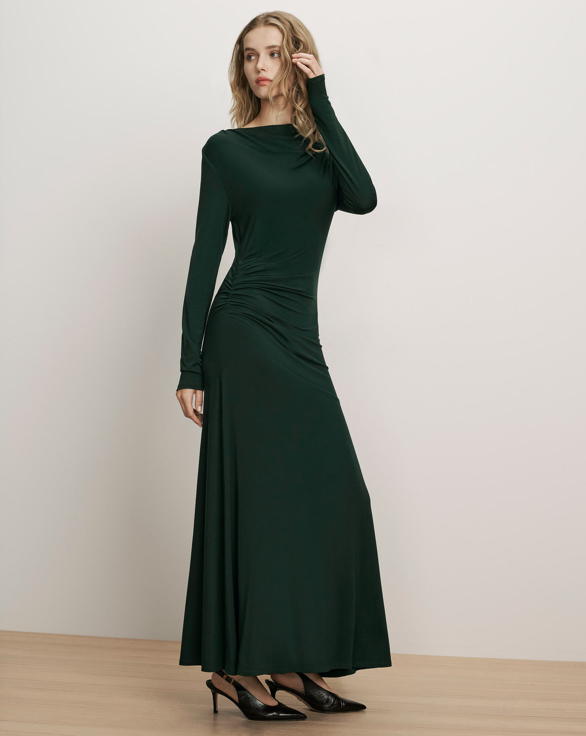 Veronica Beard Dark green long-sleeve maxi dress, ruched details.