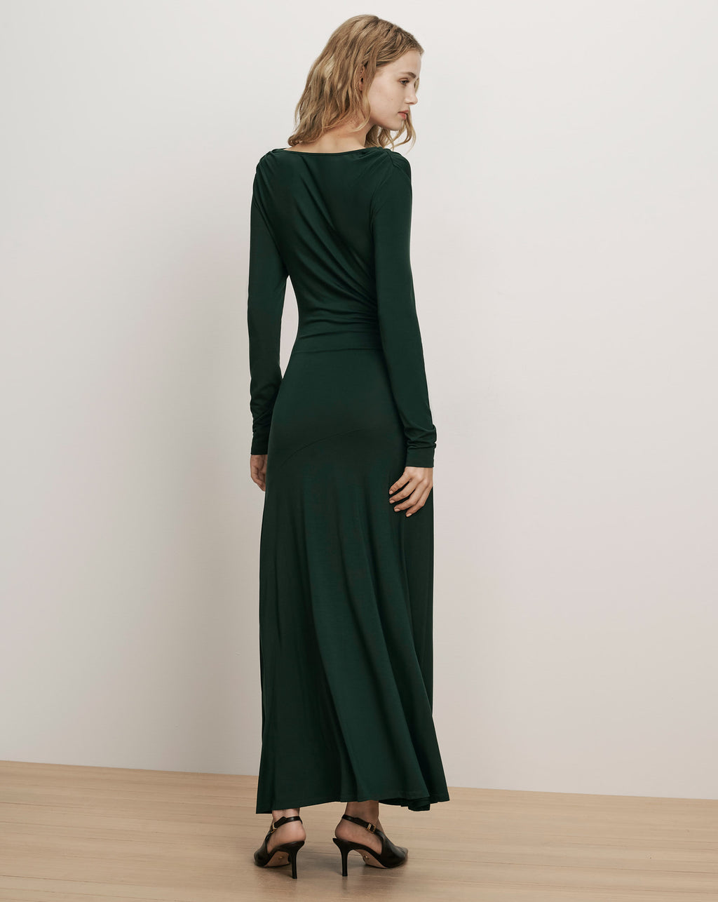 Veronica Beard Dark green long-sleeve maxi dress, fitted silhouette.
