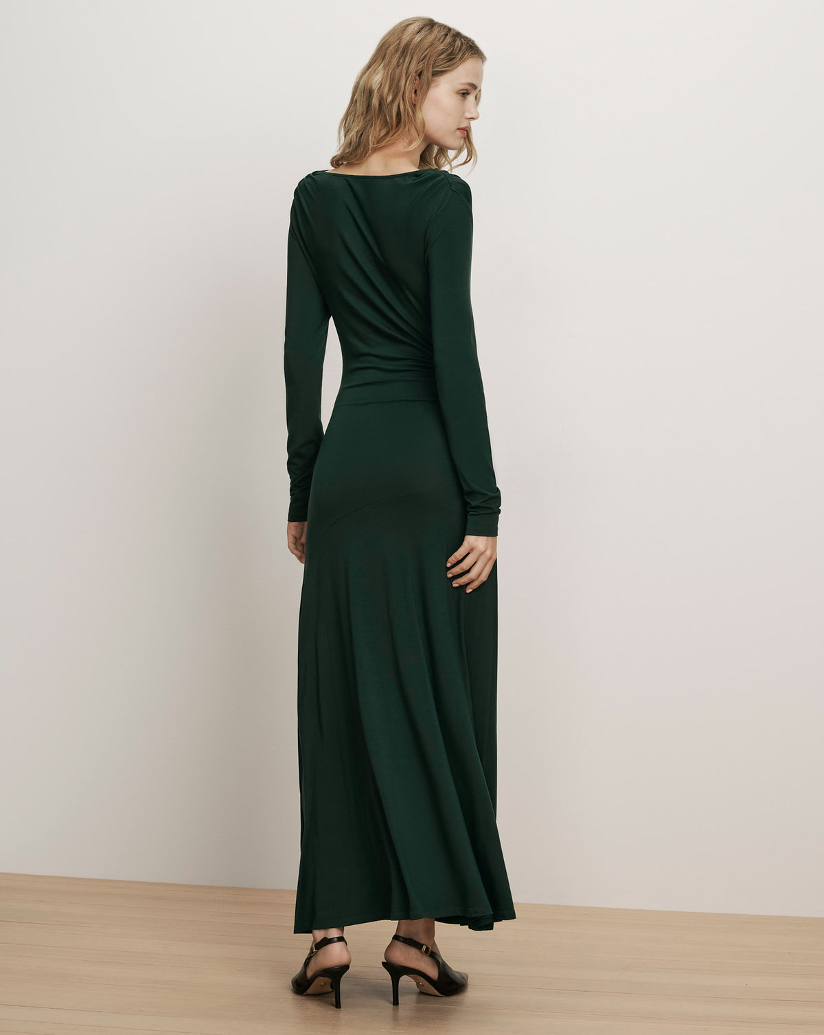 Veronica Beard Dark green long-sleeve maxi dress, fitted silhouette.