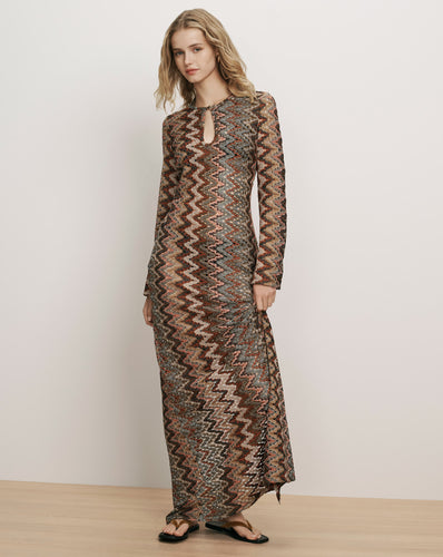 Veronica Beard Brown chevron maxi dress with keyhole detail.
