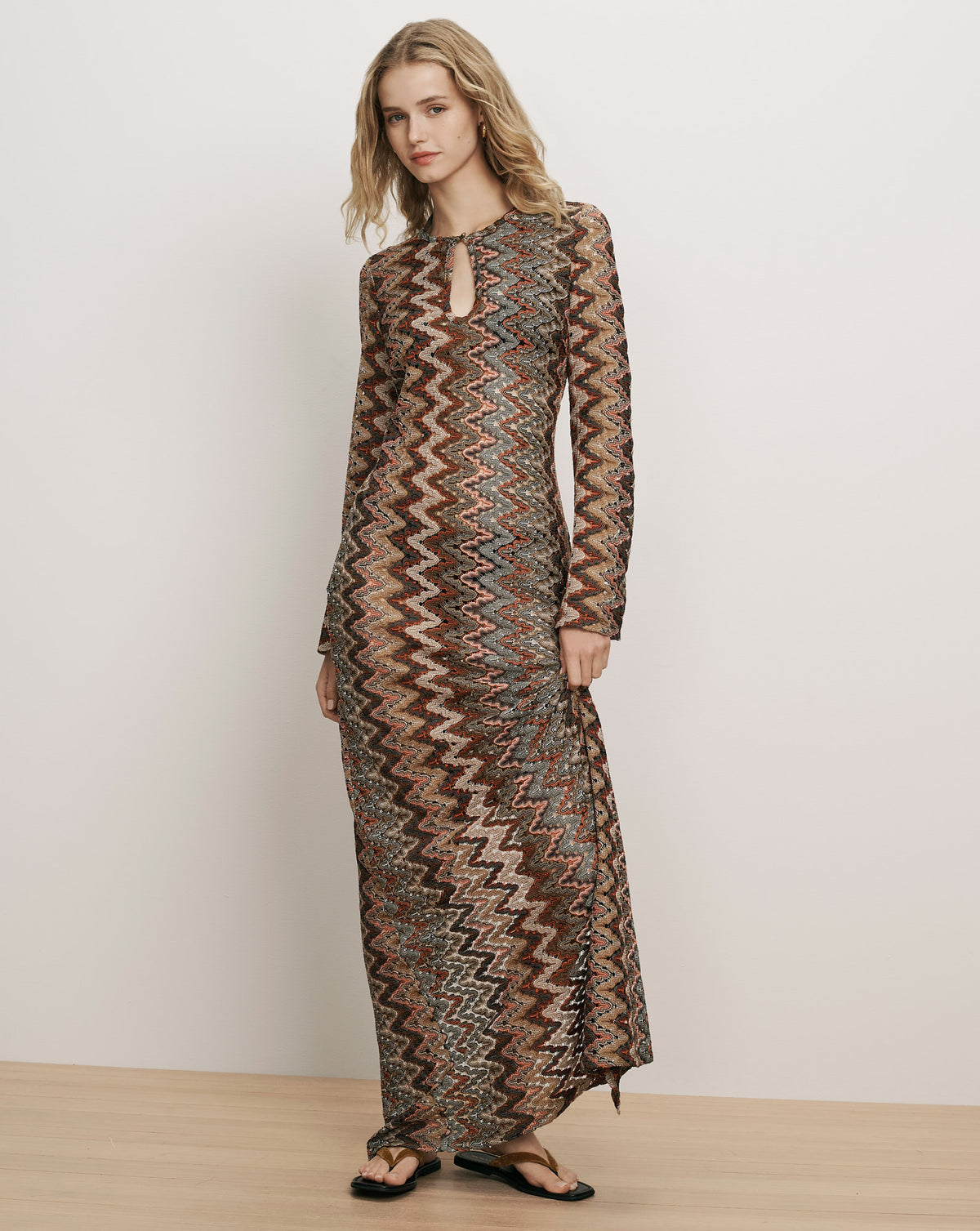 Veronica Beard Brown chevron maxi dress with keyhole detail.