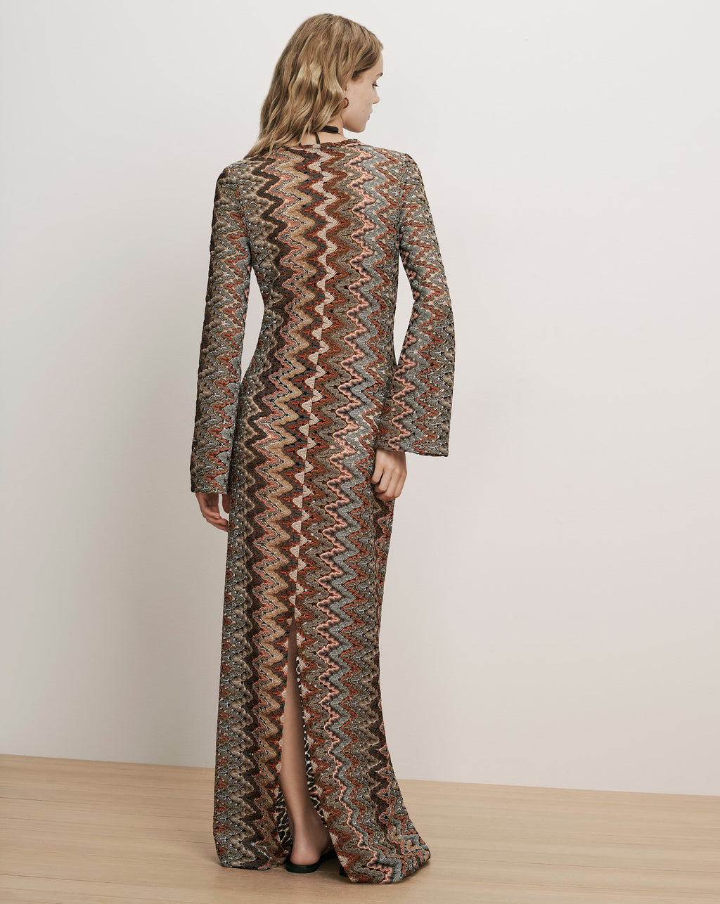 Veronica Beard Multicolor chevron knit maxi dress with bell sleeves.