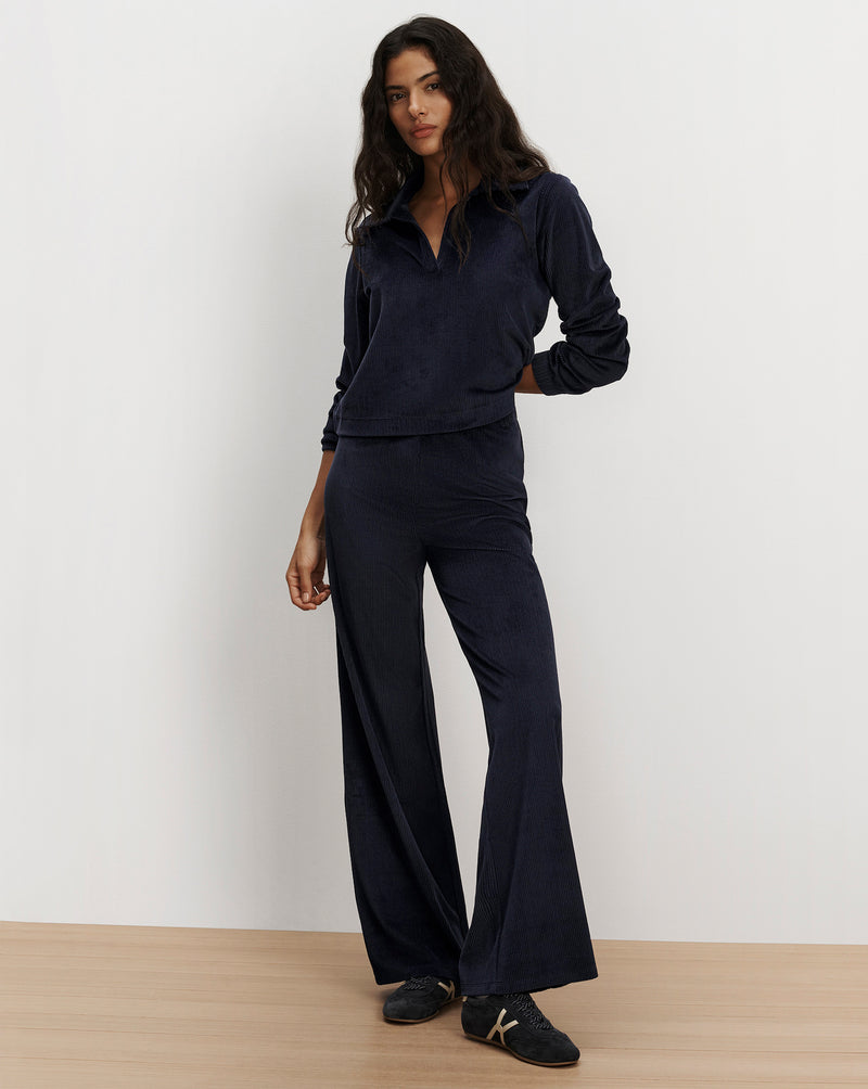 Veronica Beard Navy corduroy collared sweatshirt and trousers.
