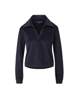 Veronica Beard Navy blue corduroy polo shirt with collared V-neck.
