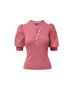 Veronica Beard Pink ribbed short-sleeve top with puff shoulders.