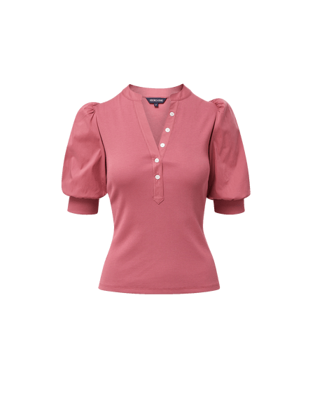 Veronica Beard Dusty pink ribbed short-sleeve buttoned blouse.