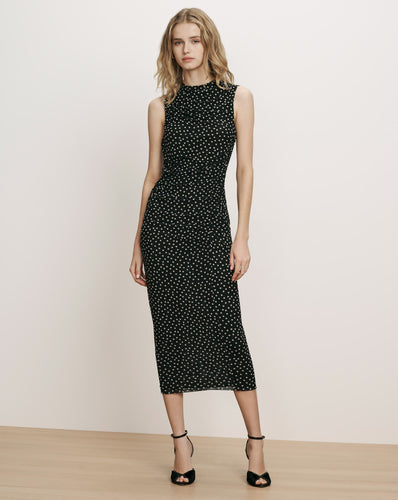Veronica Beard Black polka-dot sleeveless midi dress with ruching.