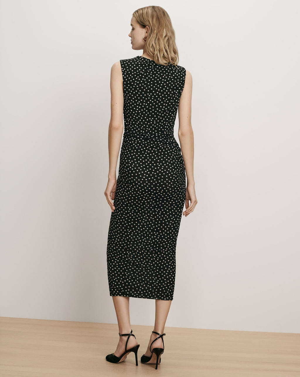 Veronica Beard Black polka dot sleeveless midi dress.