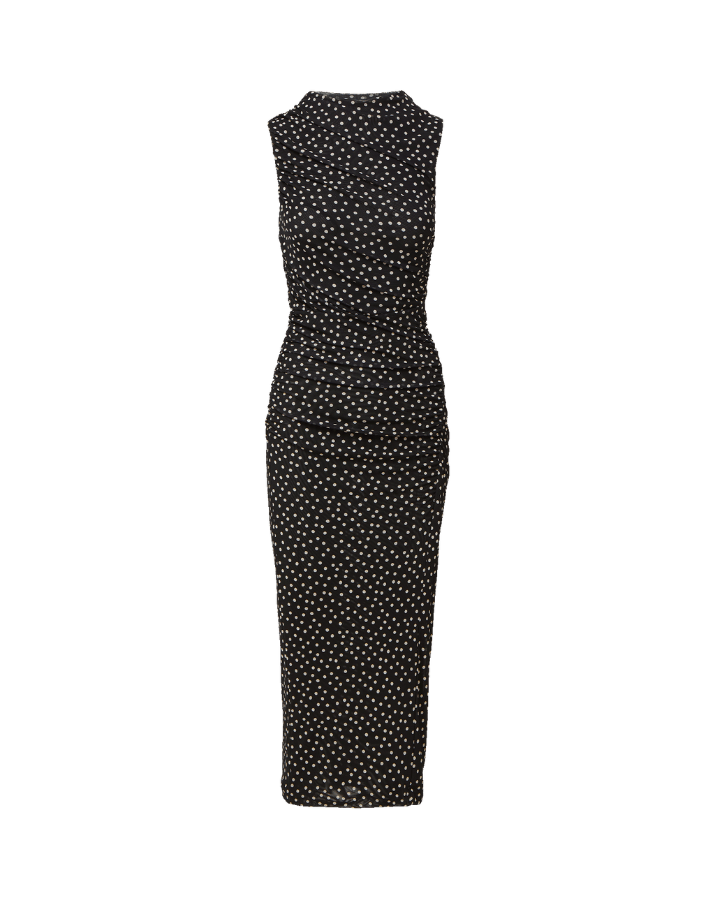 Veronica Beard Black polka-dot sleeveless ruched midi dress.