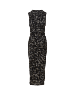 Veronica Beard Black polka-dot sleeveless ruched midi dress.