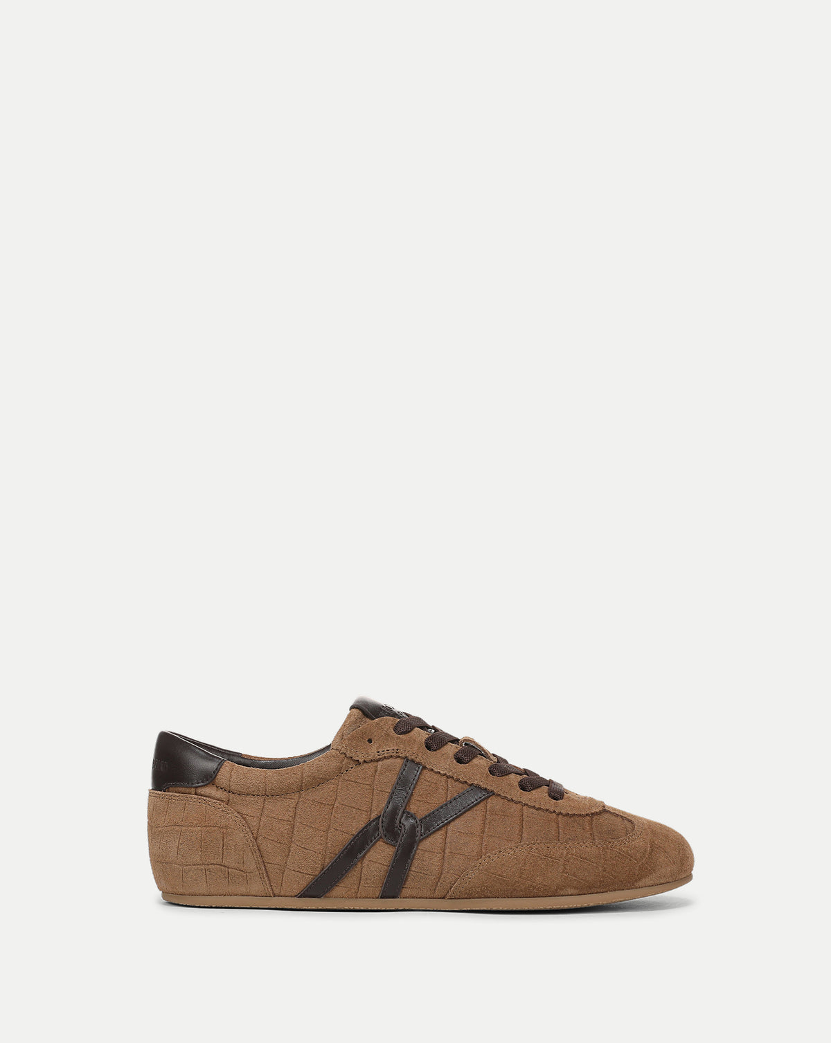 Veronica Beard Brown suede sneaker with embossed crocodile pattern.