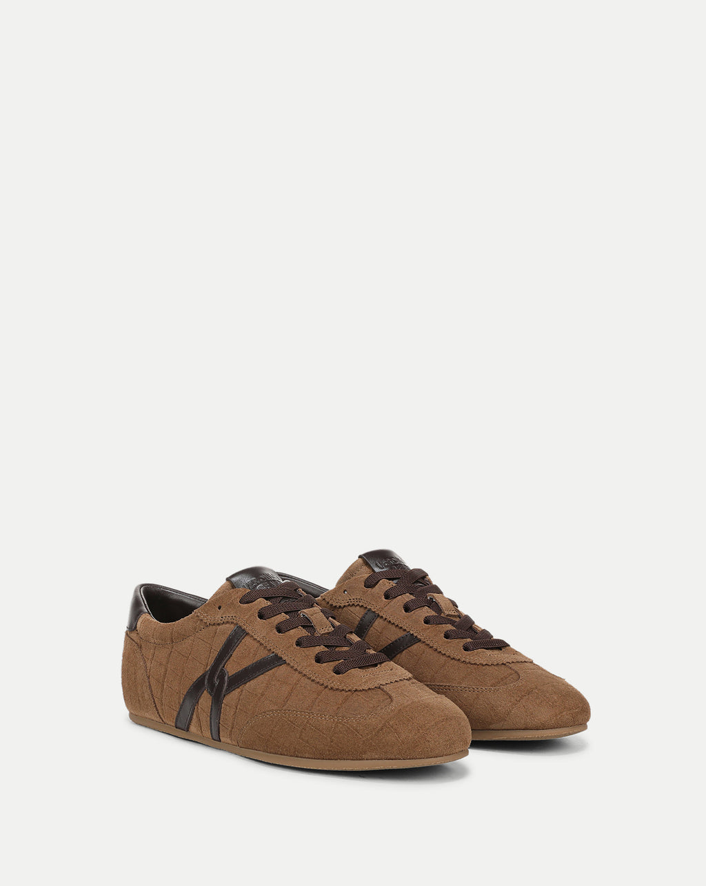Veronica Beard Brown suede low-top sneakers with contrast logo detail.