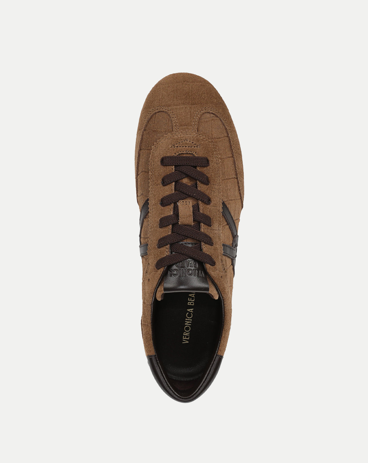 Veronica Beard Brown suede sneaker with dark laces and trim.