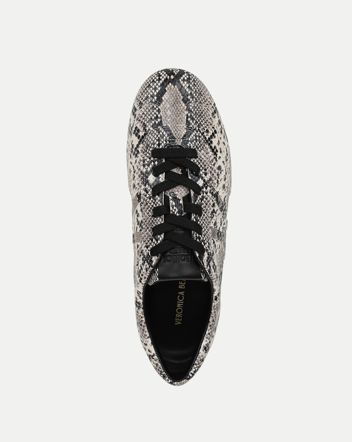 Veronica Beard Grey snakeskin print leather sneaker with black laces.