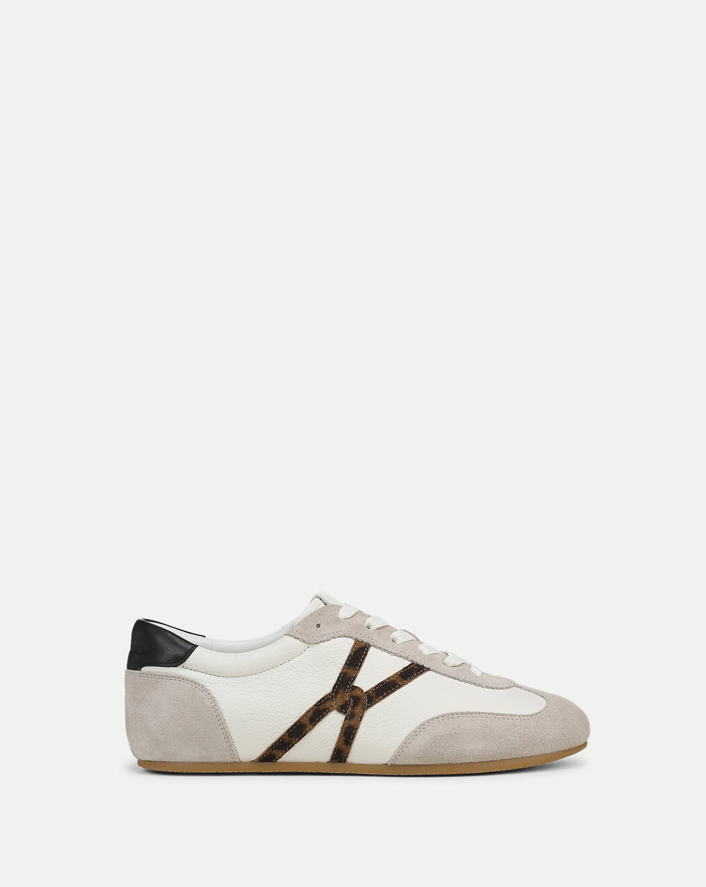 Veronica Beard White leather sneaker with leopard print side stripe.