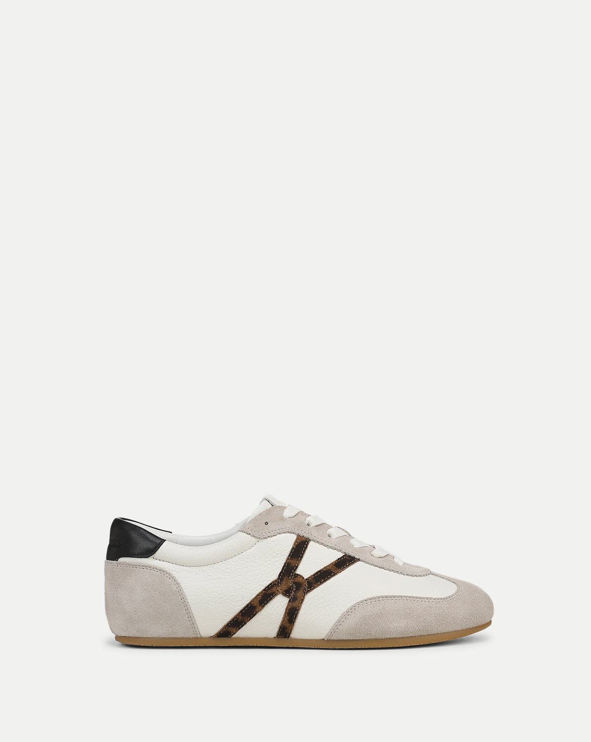 Veronica Beard White leather sneaker with leopard print side stripe.