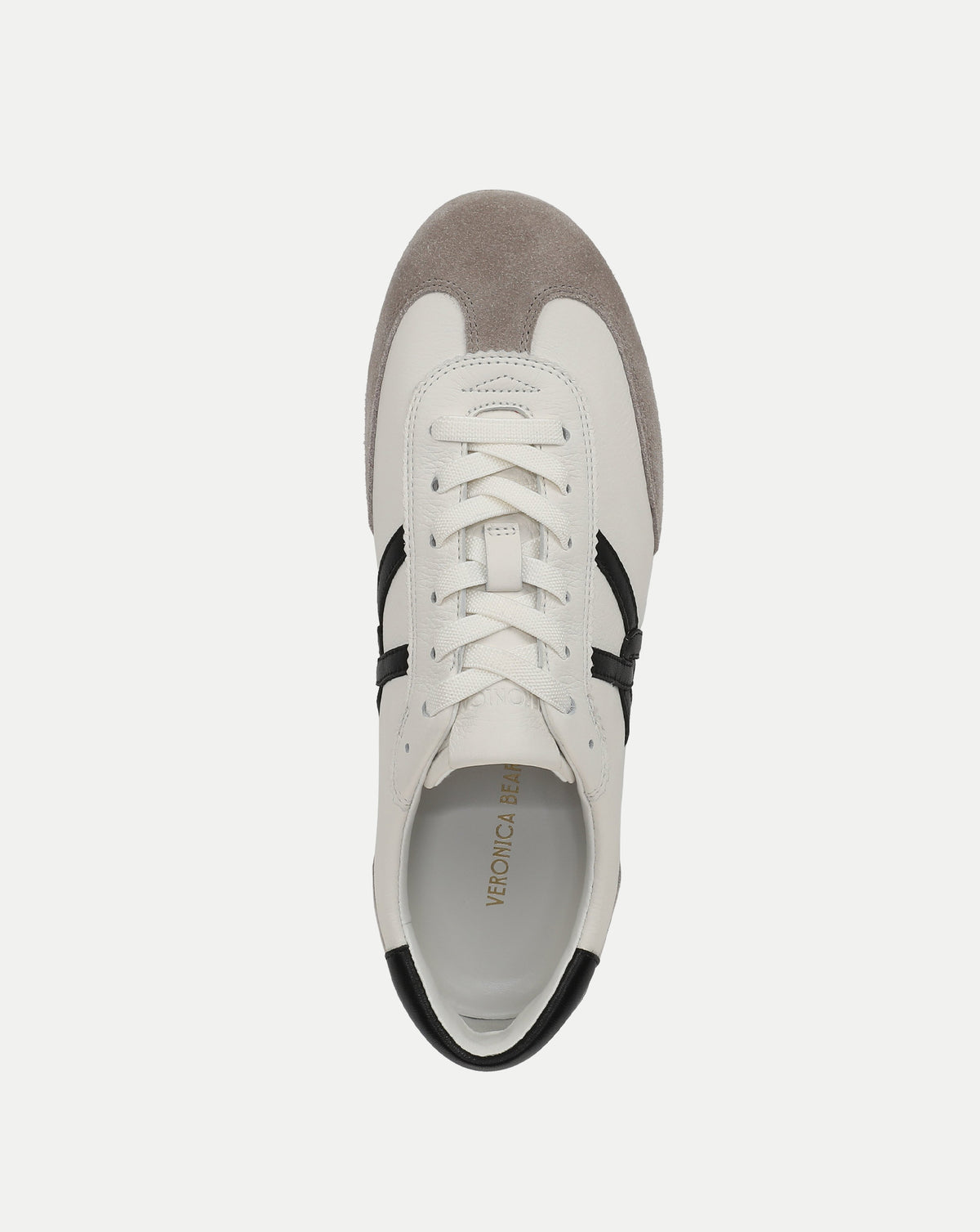Veronica Beard White leather sneaker with grey suede trim.