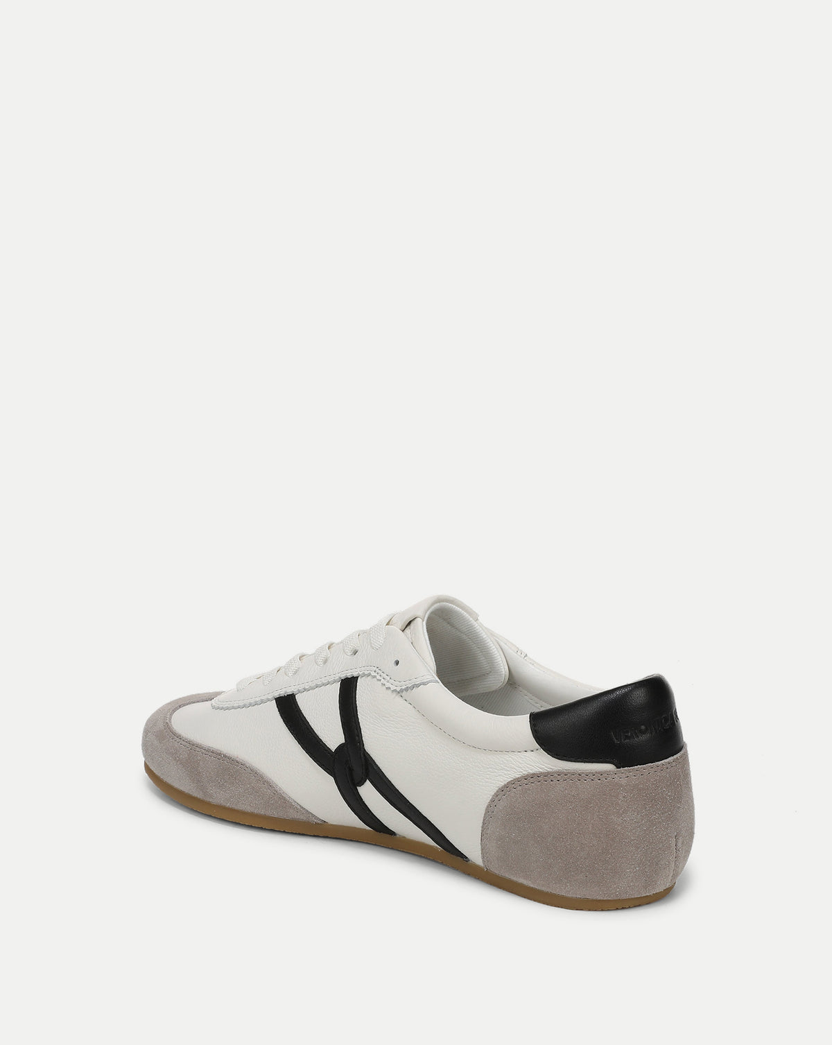Veronica Beard White leather sneaker with black and grey details.