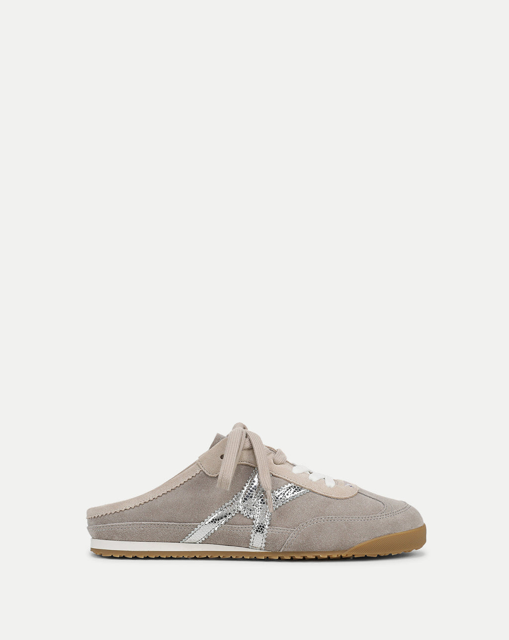 Veronica Beard Grey suede mule sneaker with silver side stripes.