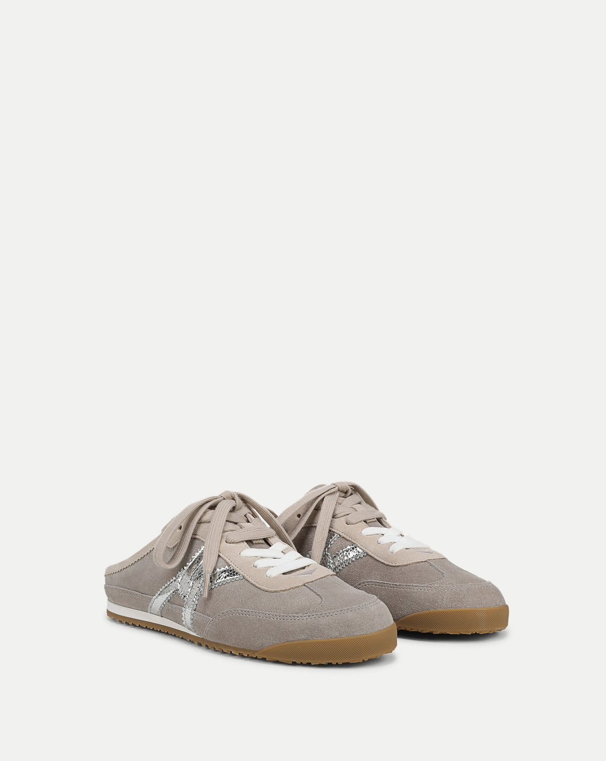 Veronica Beard Beige suede and silver leather low-top sneakers.