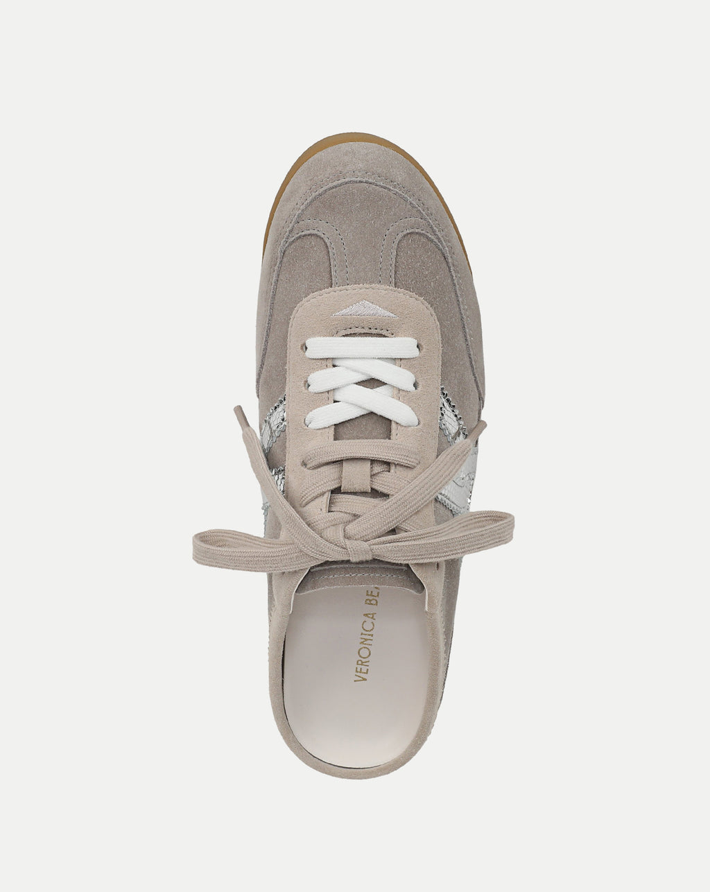 Veronica Beard Gray suede lace-up sneaker with silver details.