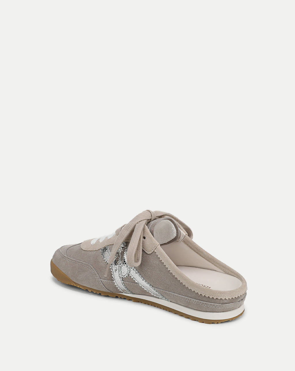 Veronica Beard Taupe suede slip-on sneaker with silver detailing.