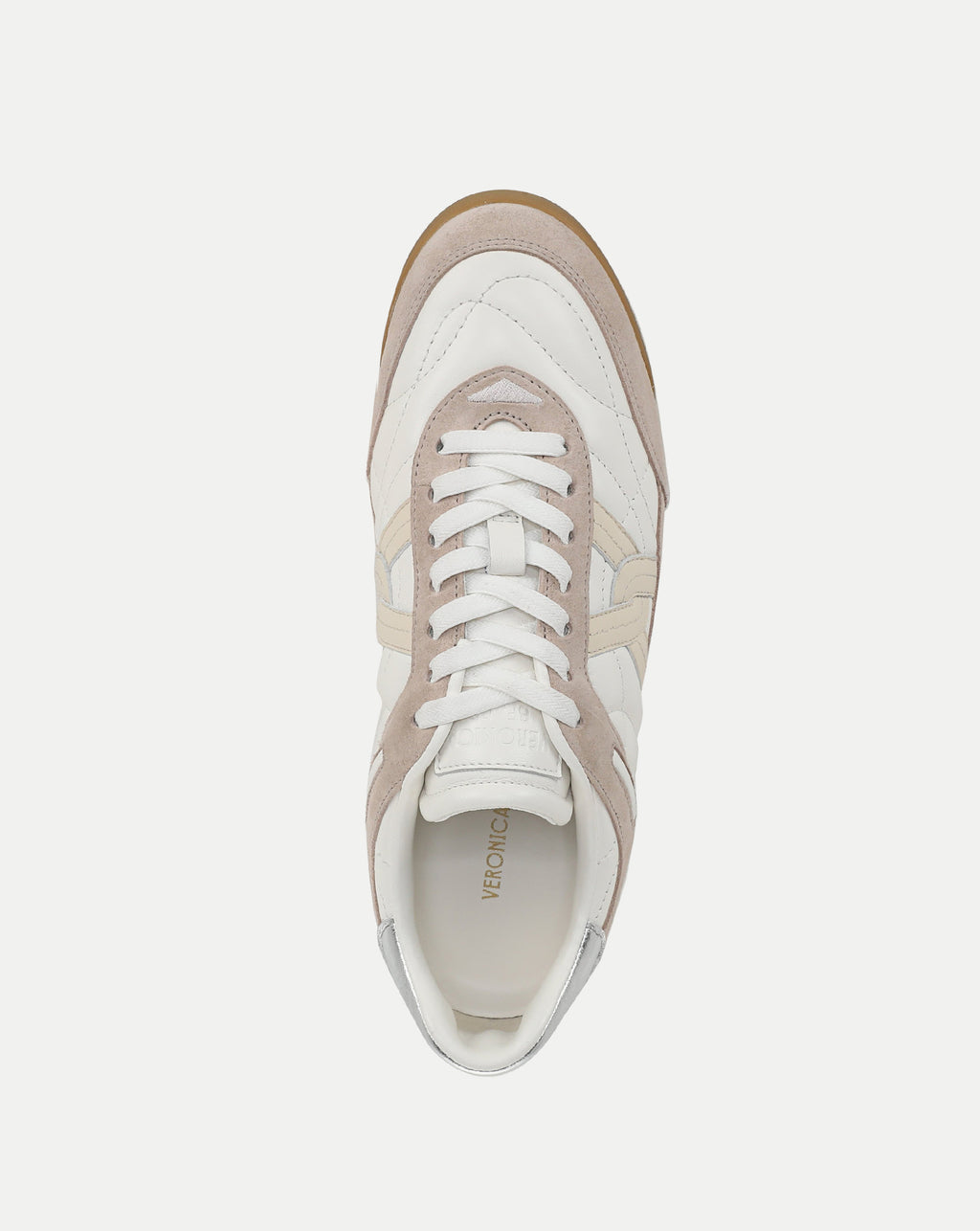 Veronica Beard White and beige leather suede low-top sneaker.