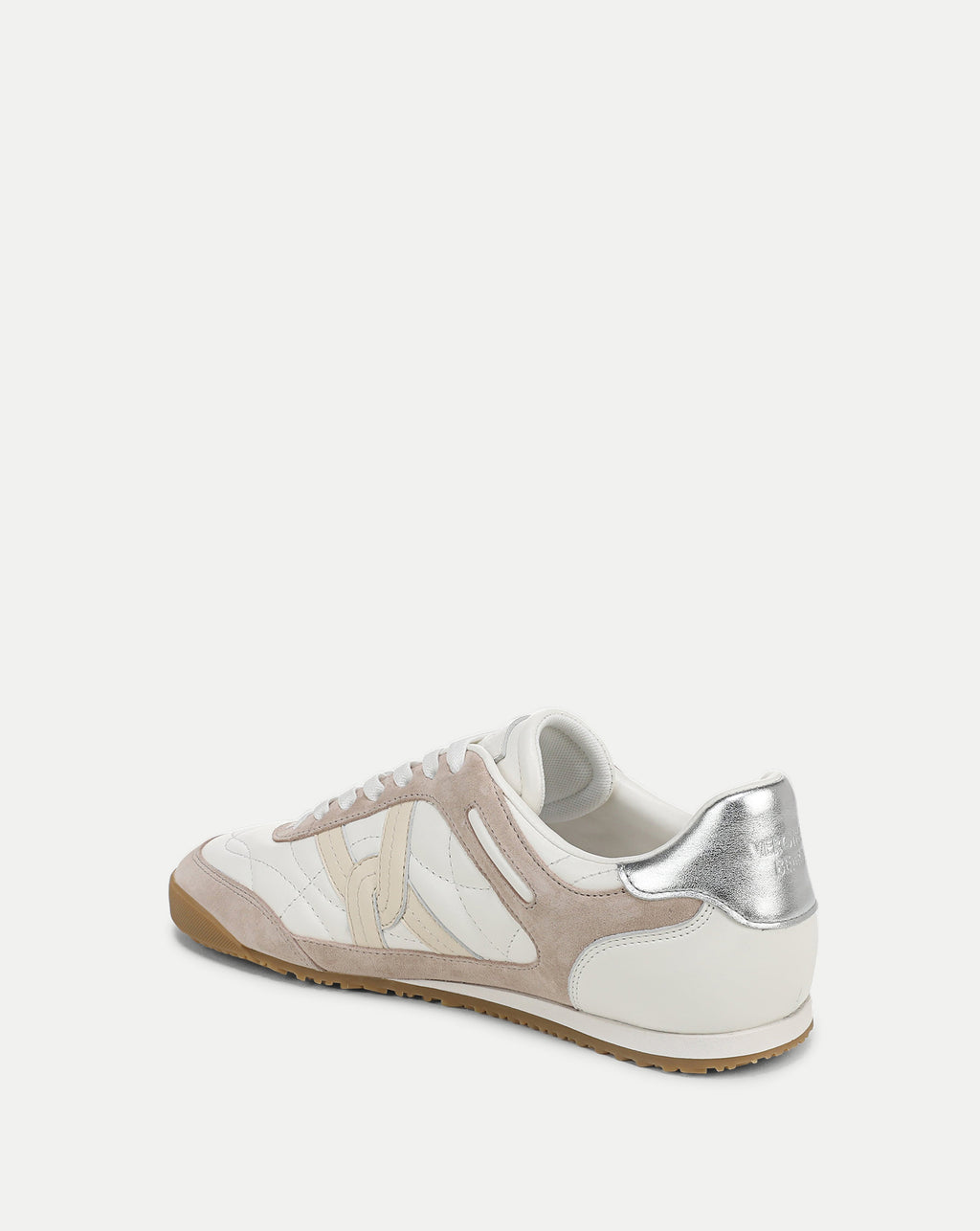 Veronica Beard White and beige suede low-top sneaker.