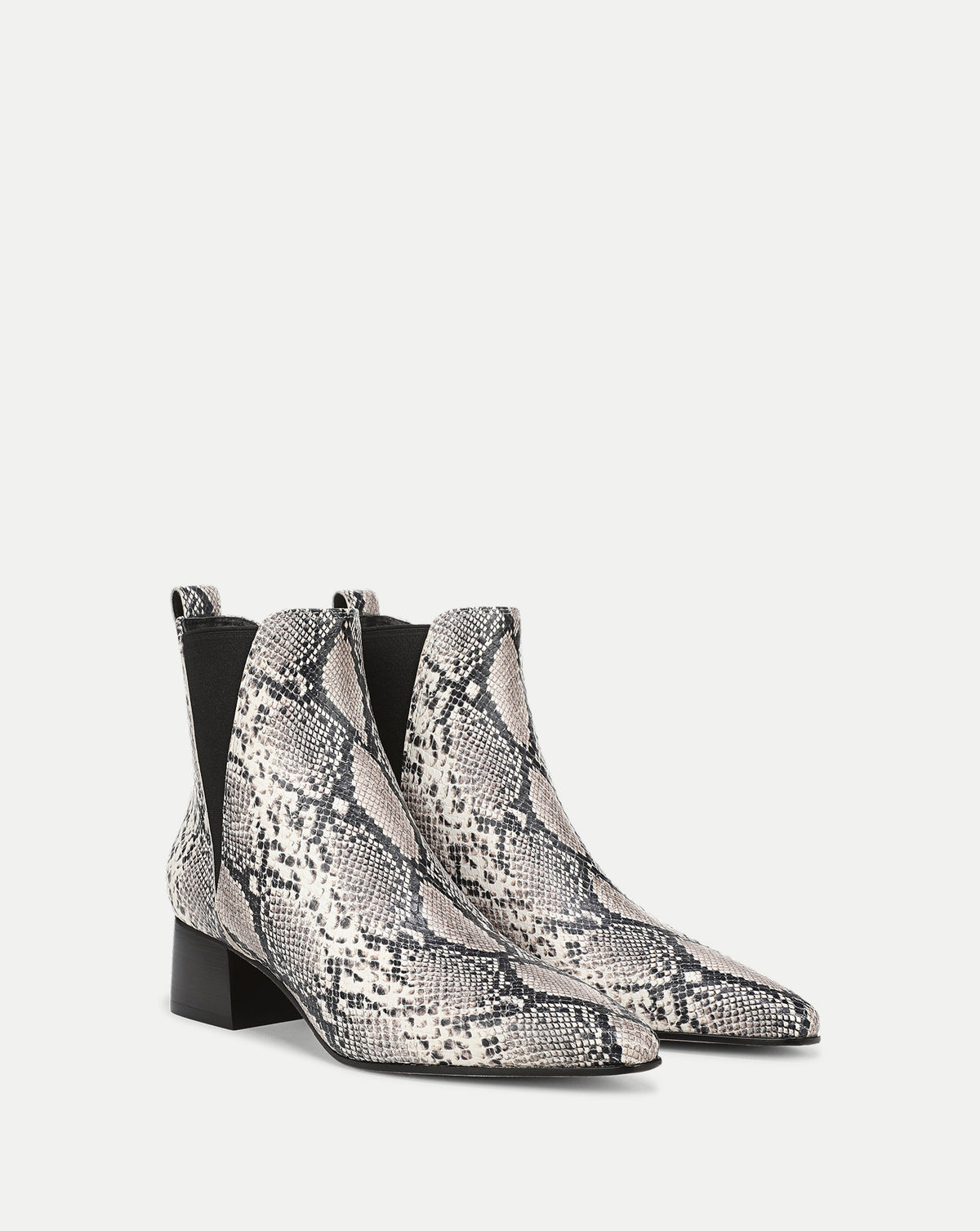 Veronica Beard Snakeskin print leather block heel ankle boots.