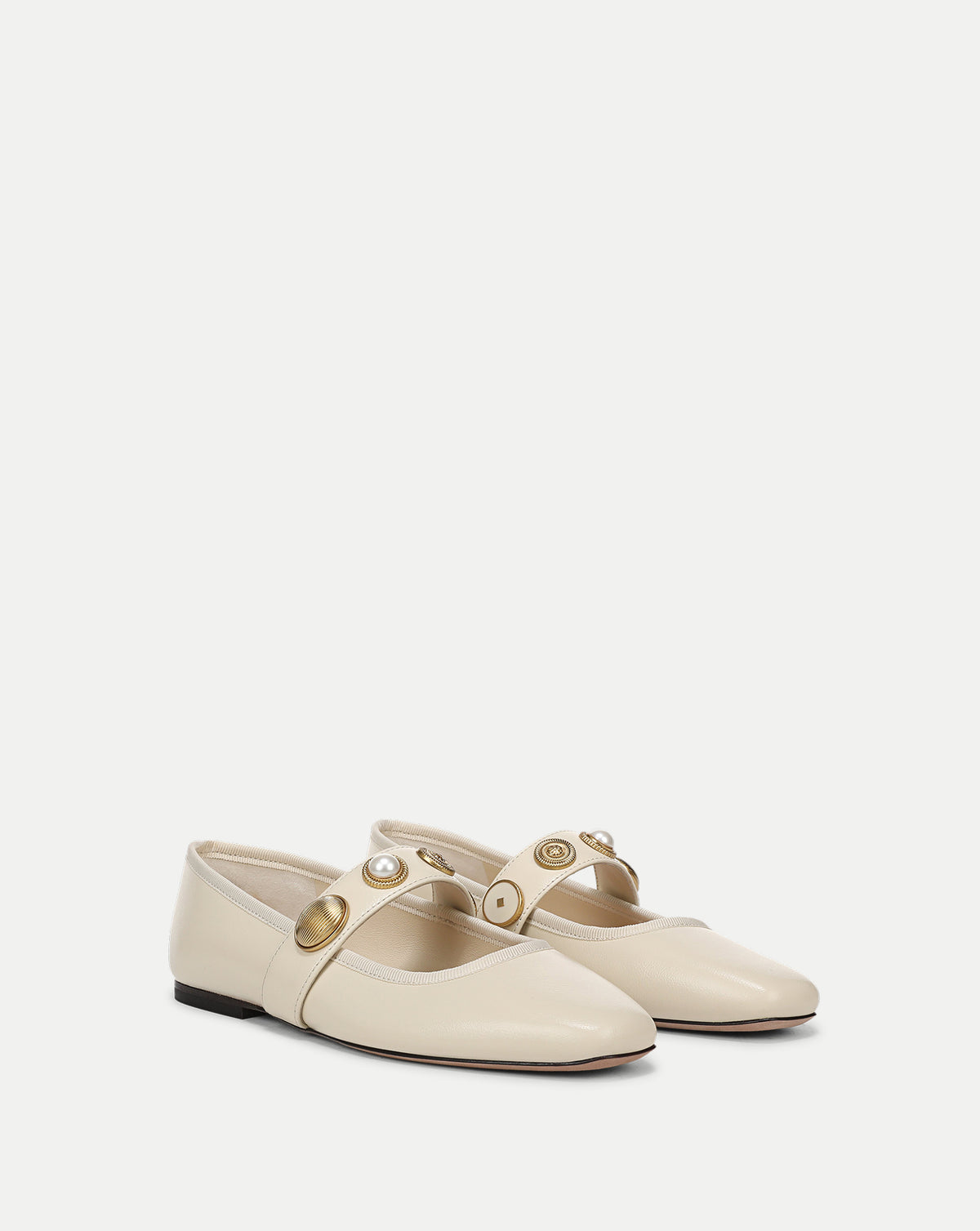 Veronica Beard Beige leather ballet flats with gold-toned embellished straps.