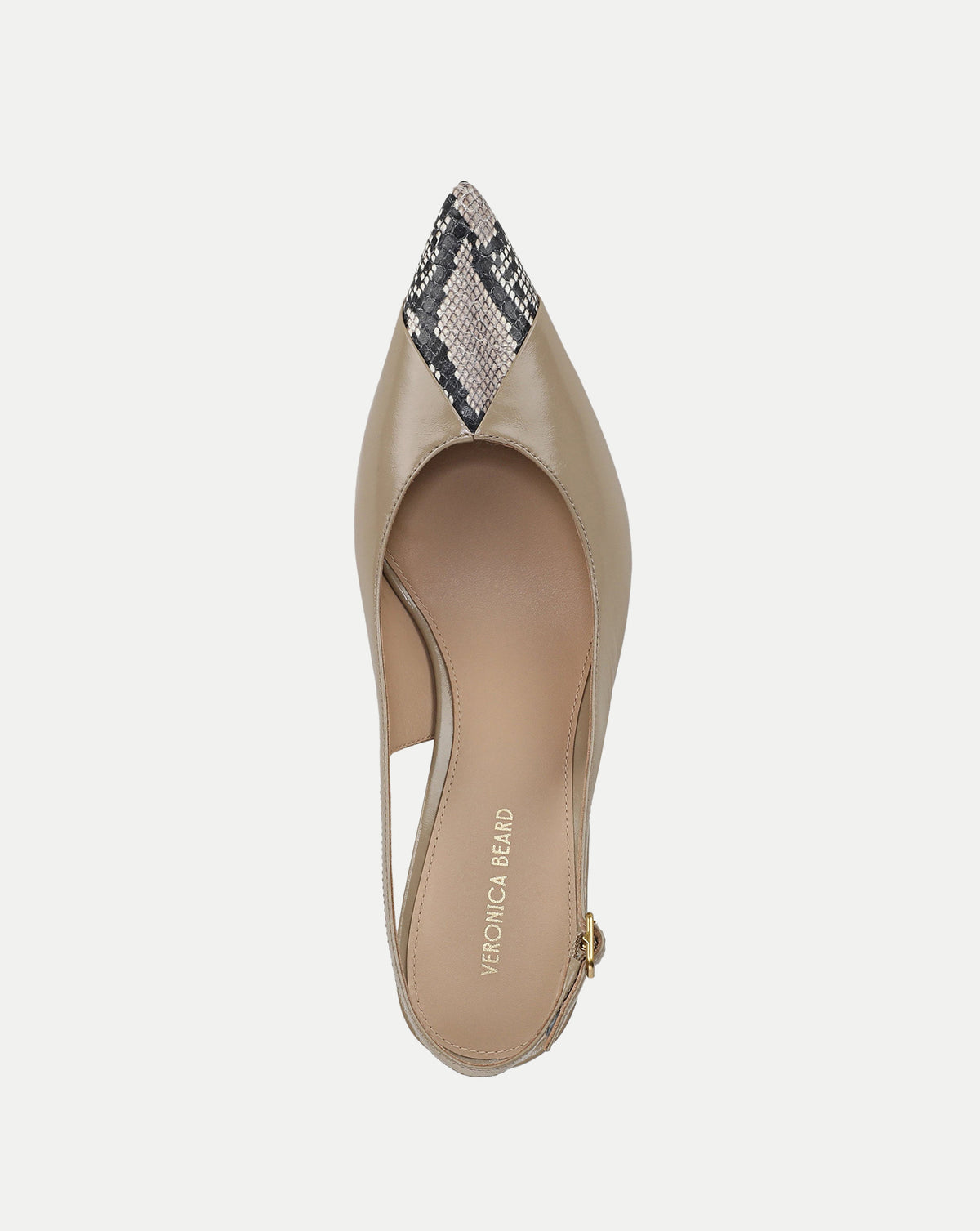 Veronica Beard Tan pointed-toe slingback shoe, snakeskin toe.