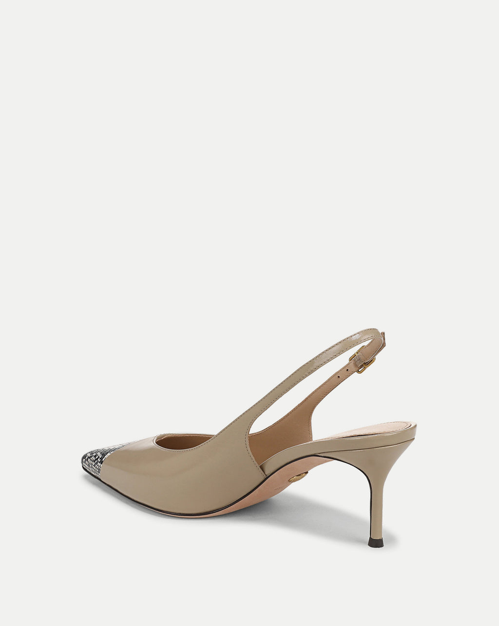 Veronica Beard Beige patent leather slingback pump with snakeskin cap toe.