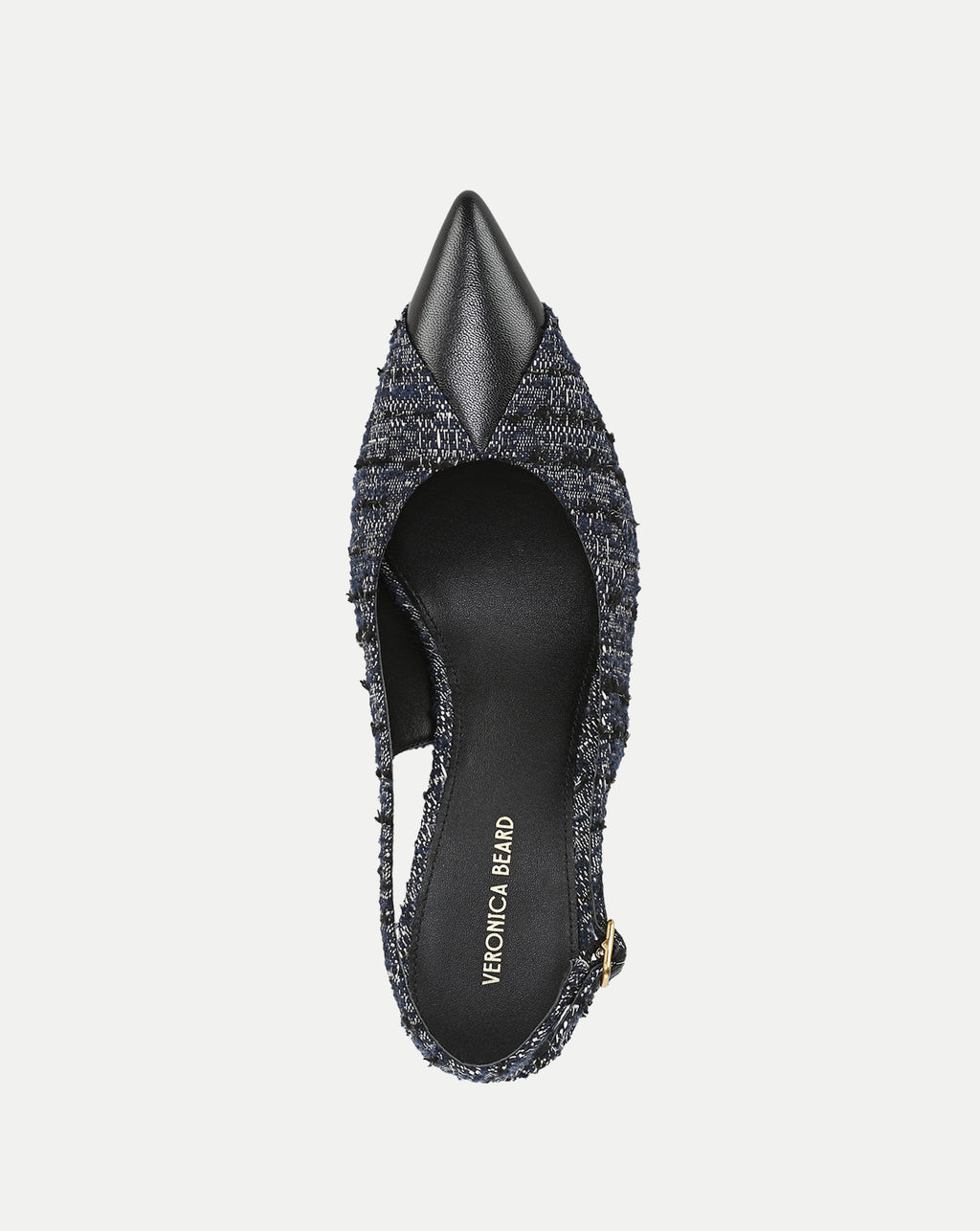 Veronica Beard Blue tweed and black leather pointed slingback shoe.