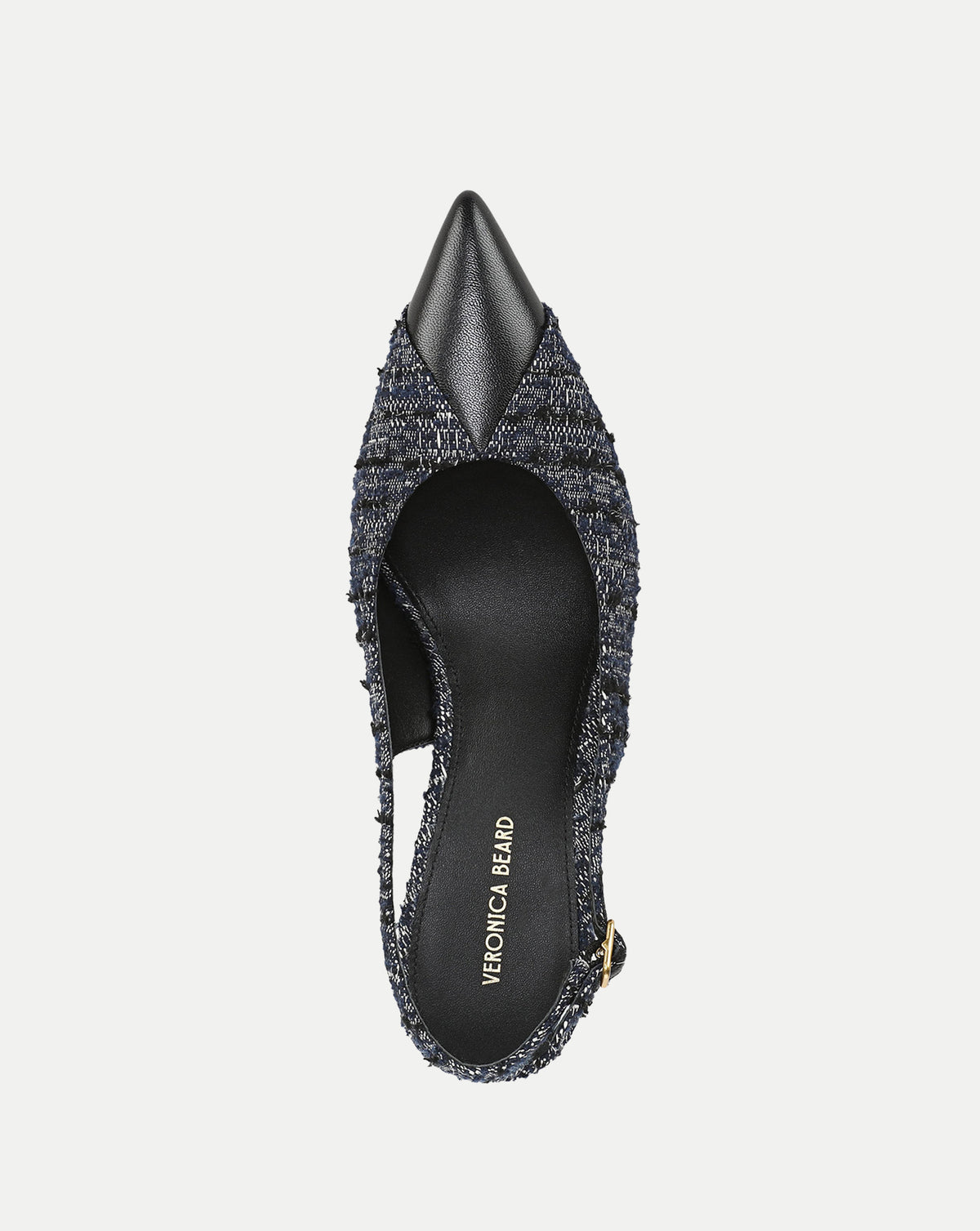 Veronica Beard Blue tweed and black leather pointed slingback shoe.