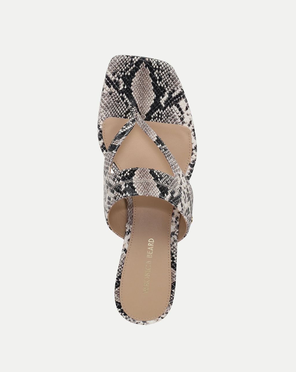 Veronica Beard Snake-print leather thong sandal with square toe.