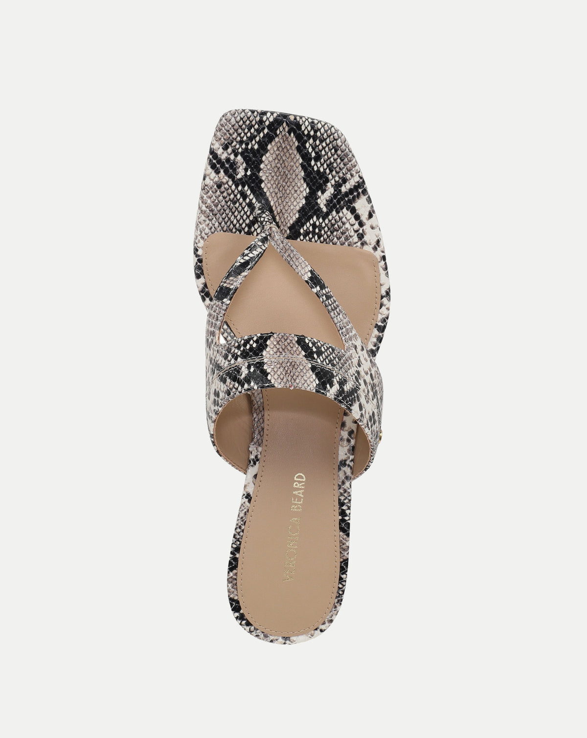 Veronica Beard Snake-print leather thong sandal with square toe.