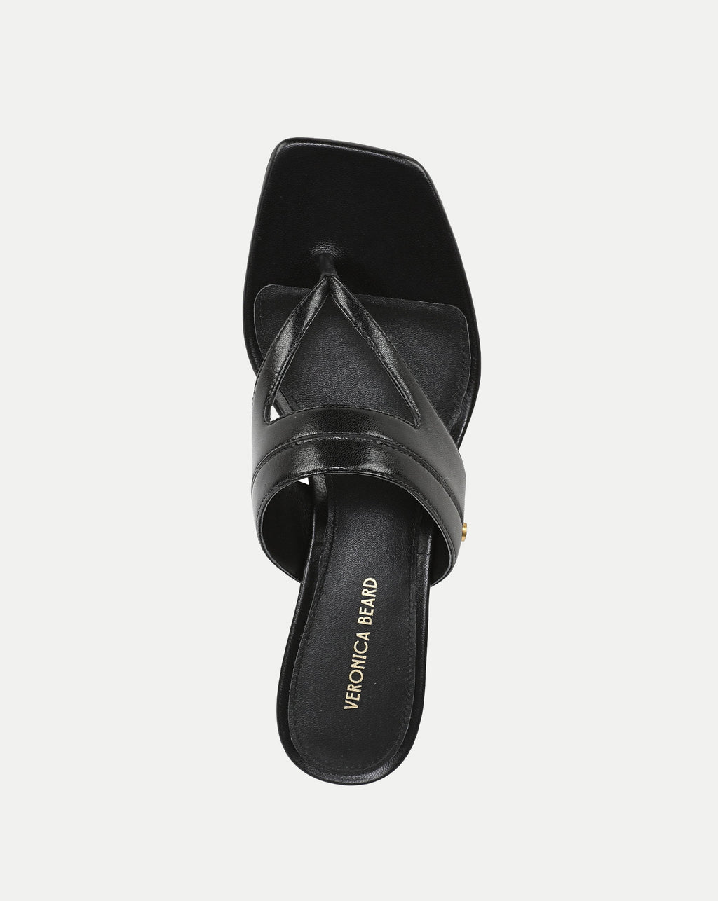 Veronica Beard Black leather thong heeled sandal with square toe.